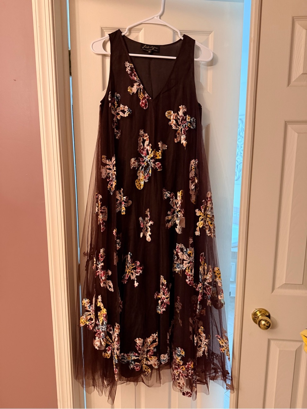 Anthropologie Brown Floral Maxi Dress with Multicolor Velvet flowers